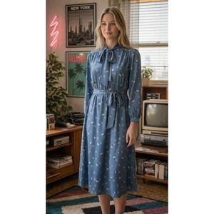 Vintage Eaton Secretary Dress Blue Geometric Print Tie Neck Midi Belted 80s